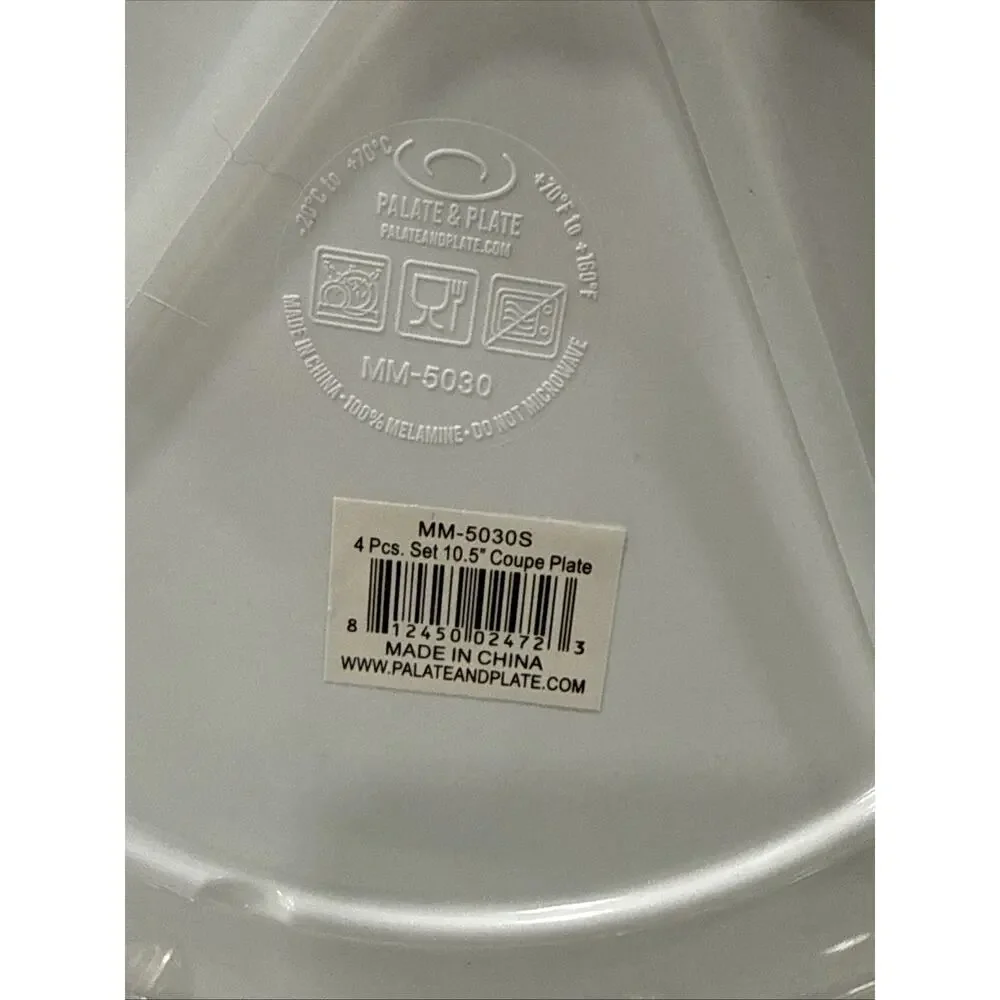 Set of 4 WHITE 10.5” Premium Melamine Coupe Dinner Plates PALATE and PLATE New